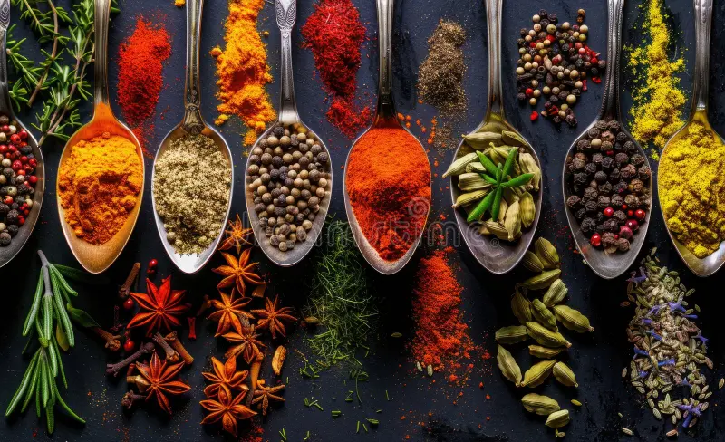varias-especiarias-nas-colheres-exibem-sabores-a-base-de-plantacao-plantadas-aparecem-lindamente-em-vidro-mostrando-os-316297085.webp